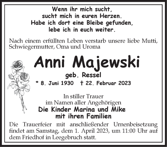 Traueranzeige von Anni Majewski von Märkische Oderzeitung