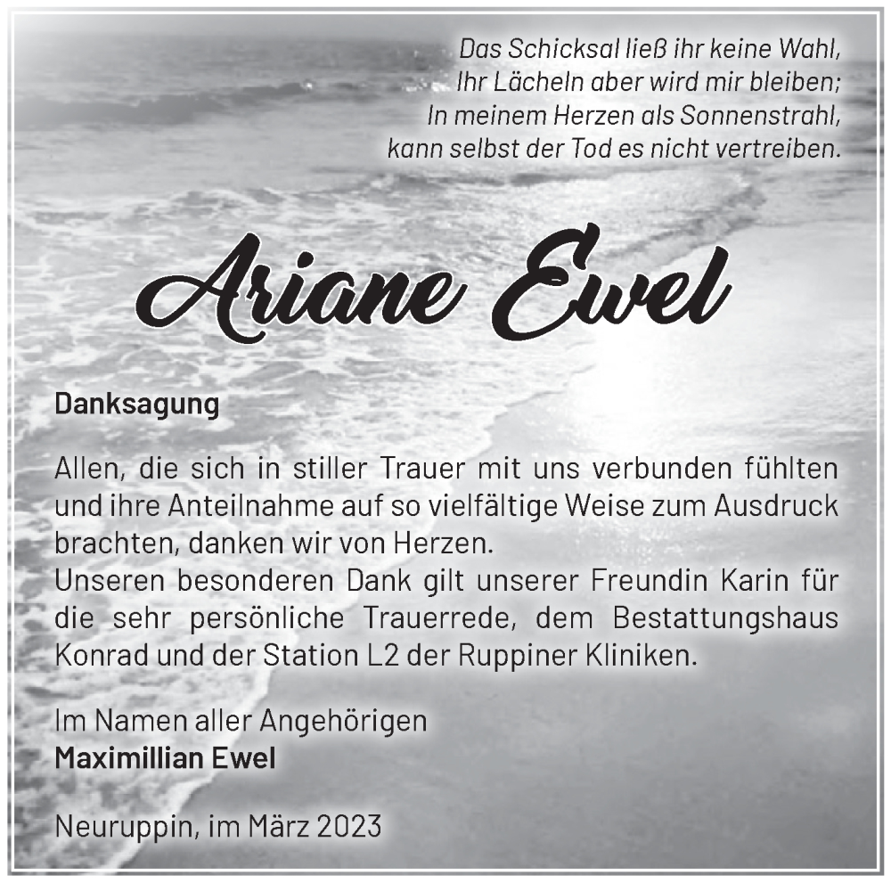  Traueranzeige für Ariane Ewel vom 18.03.2023 aus Märkische Oderzeitung