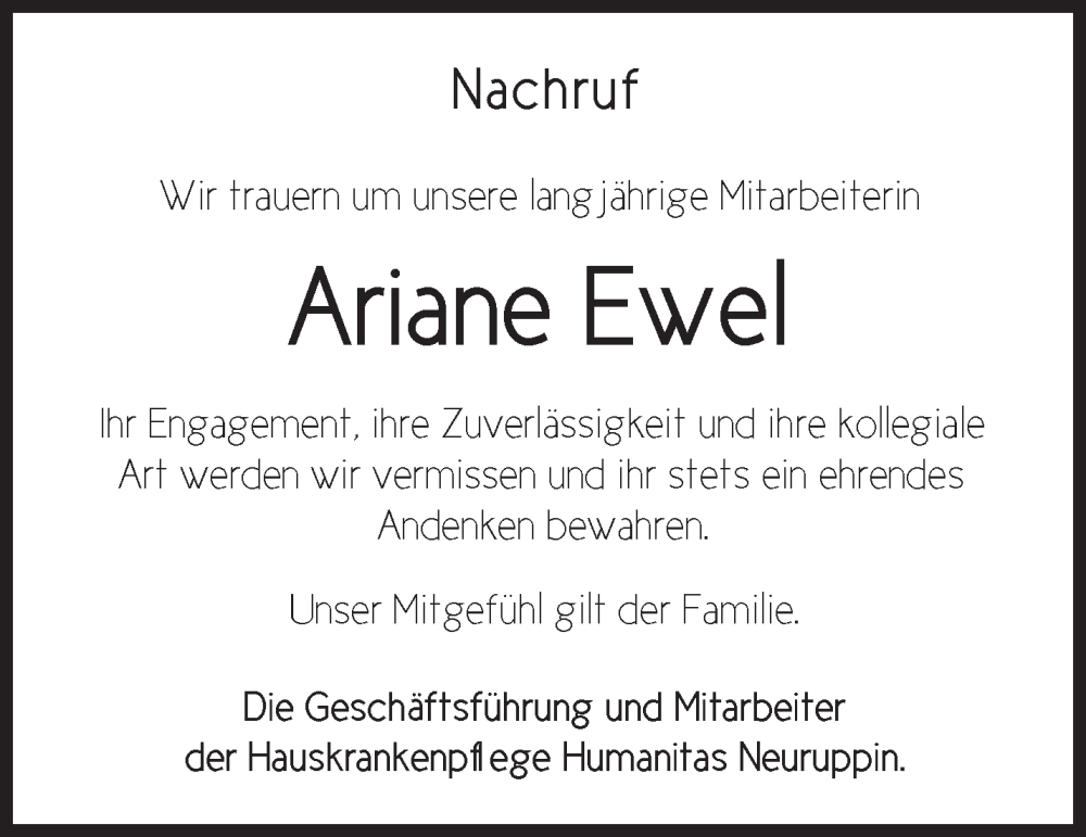  Traueranzeige für Ariane Ewel vom 18.03.2023 aus Märkische Oderzeitung