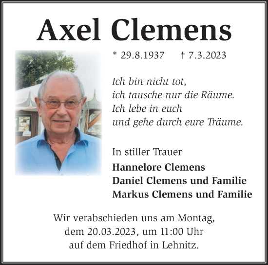 Traueranzeige von Axel Clemens von Märkische Oderzeitung