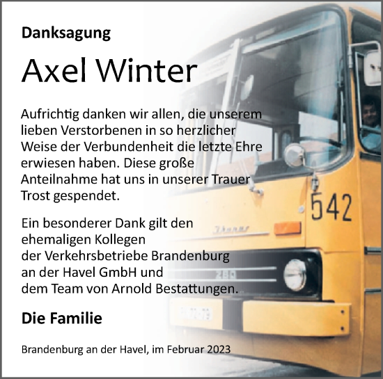 Traueranzeige von Axel Winter von Märkische Oderzeitung