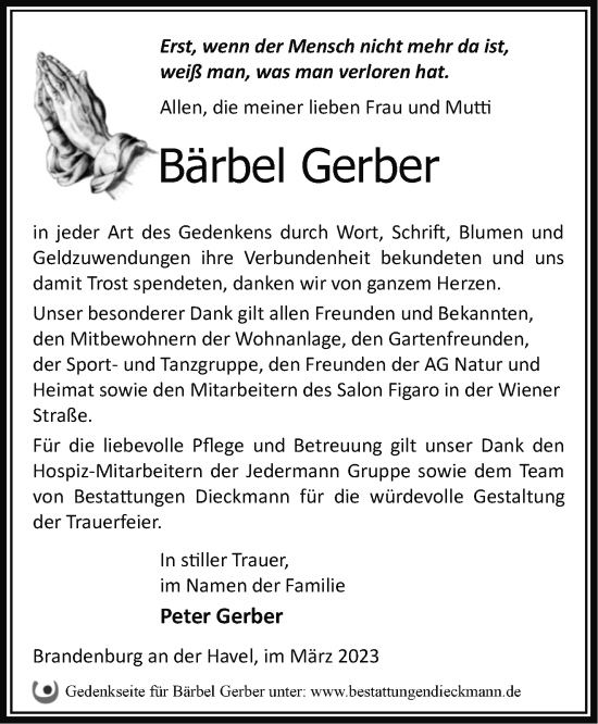 Traueranzeige von Bärbel Gerber von Märkische Oderzeitung