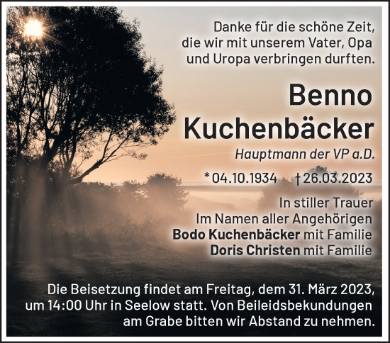Anzeige Benno Kuchenbäcker