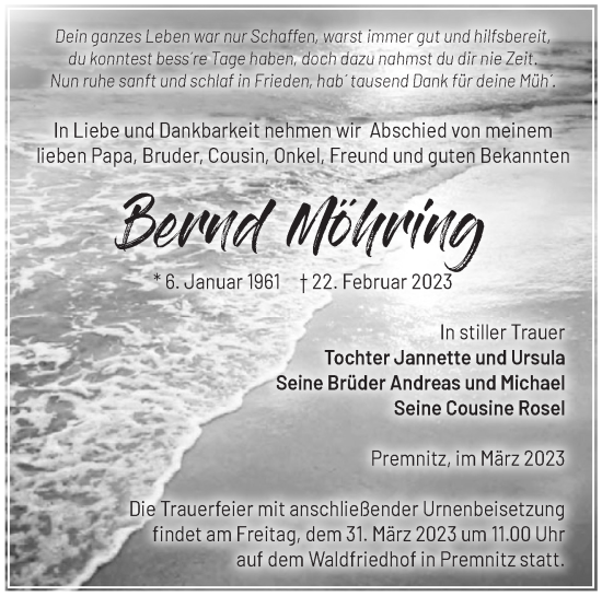 Traueranzeige von Bernd Möhring von Märkische Oderzeitung