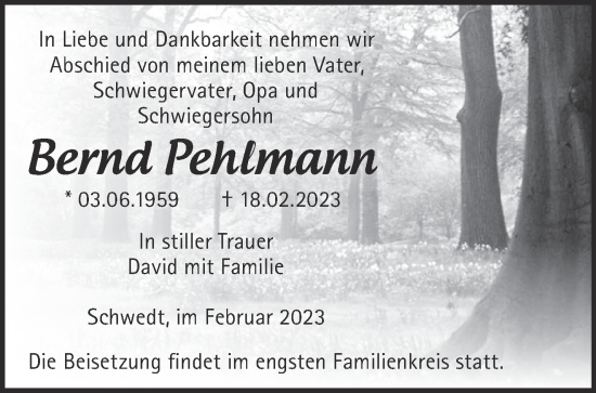 Traueranzeige von Bernd Pehlmann von Märkische Oderzeitung