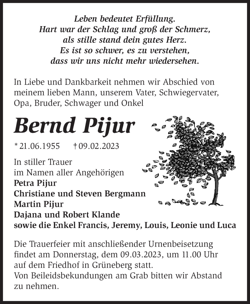  Traueranzeige für Bernd Pijur vom 04.03.2023 aus Märkische Oderzeitung