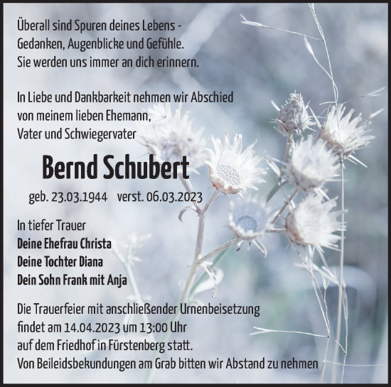 Traueranzeige von Bernd Schubert von Märkische Oderzeitung