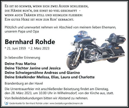 Traueranzeige von Bernhard Rohde von Märkische Oderzeitung