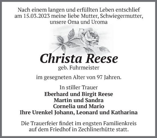 Traueranzeige von Christa Reese von Märkische Oderzeitung