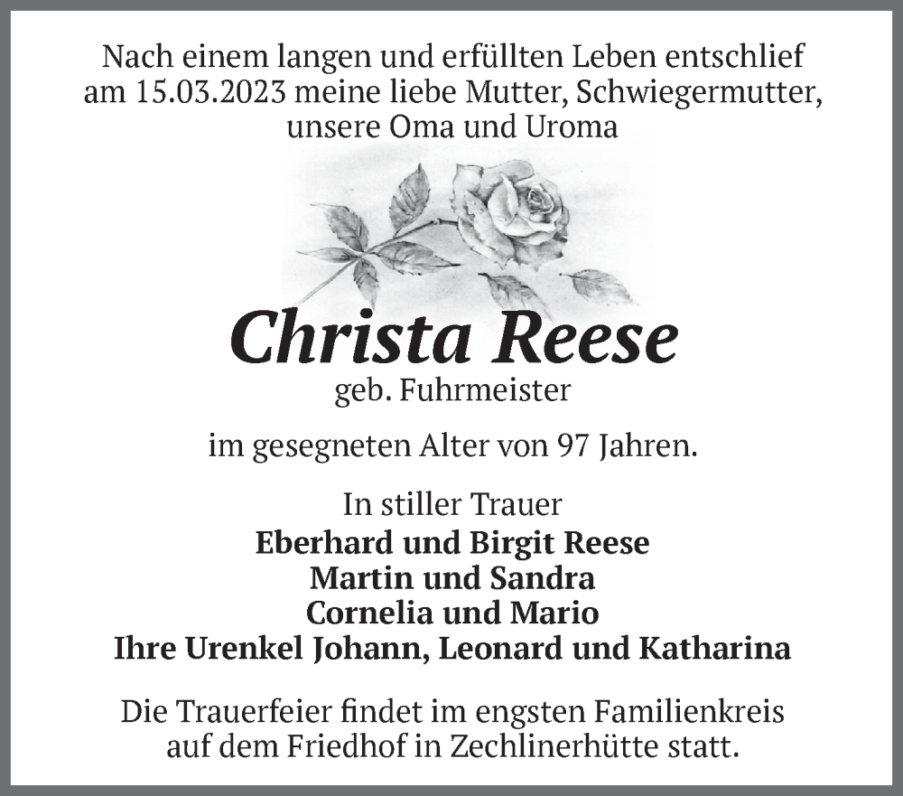  Traueranzeige für Christa Reese vom 22.03.2023 aus Märkische Oderzeitung