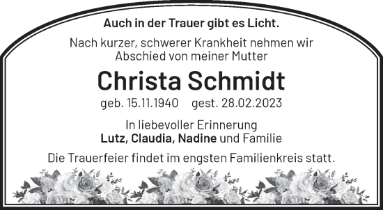 Traueranzeige von Christa Schmidt von Märkische Oderzeitung