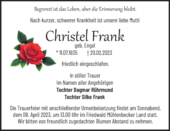 Traueranzeigen Von Christel Frank Märkische Onlinezeitung Trauerportal 