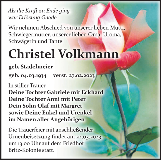 Traueranzeige von Christel Volkmann von Märkische Oderzeitung