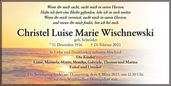 Traueranzeige von Christel Luise Marie Wischnewski von Märkische Oderzeitung