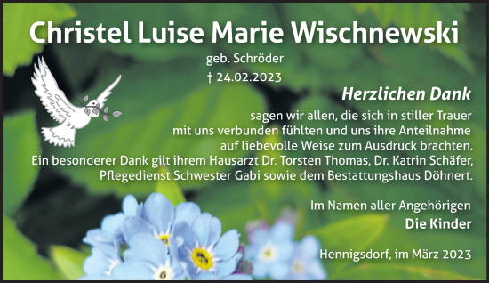 Traueranzeige von Christel Luise Marie Wischnewski Wischnewski von Märkische Oderzeitung