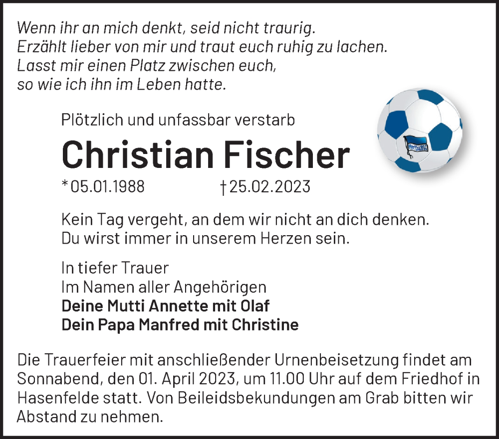  Traueranzeige für Christian Fischer vom 25.03.2023 aus Märkische Oderzeitung