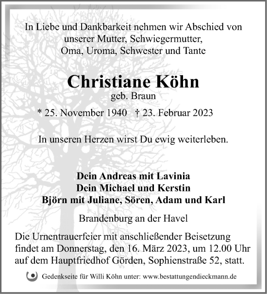 Traueranzeige von Christiane Köhn von Märkische Oderzeitung