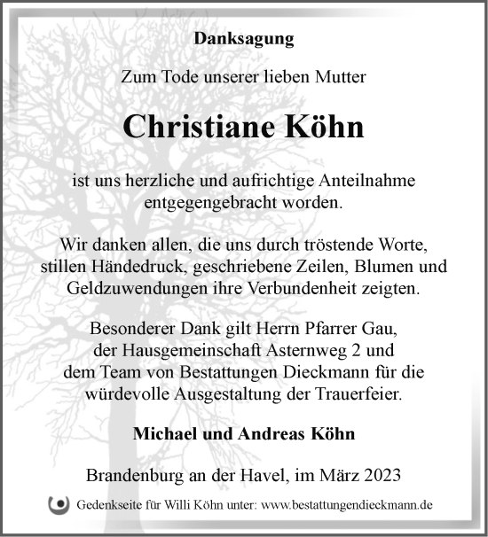 Traueranzeige von Christiane Köhn von Märkische Oderzeitung