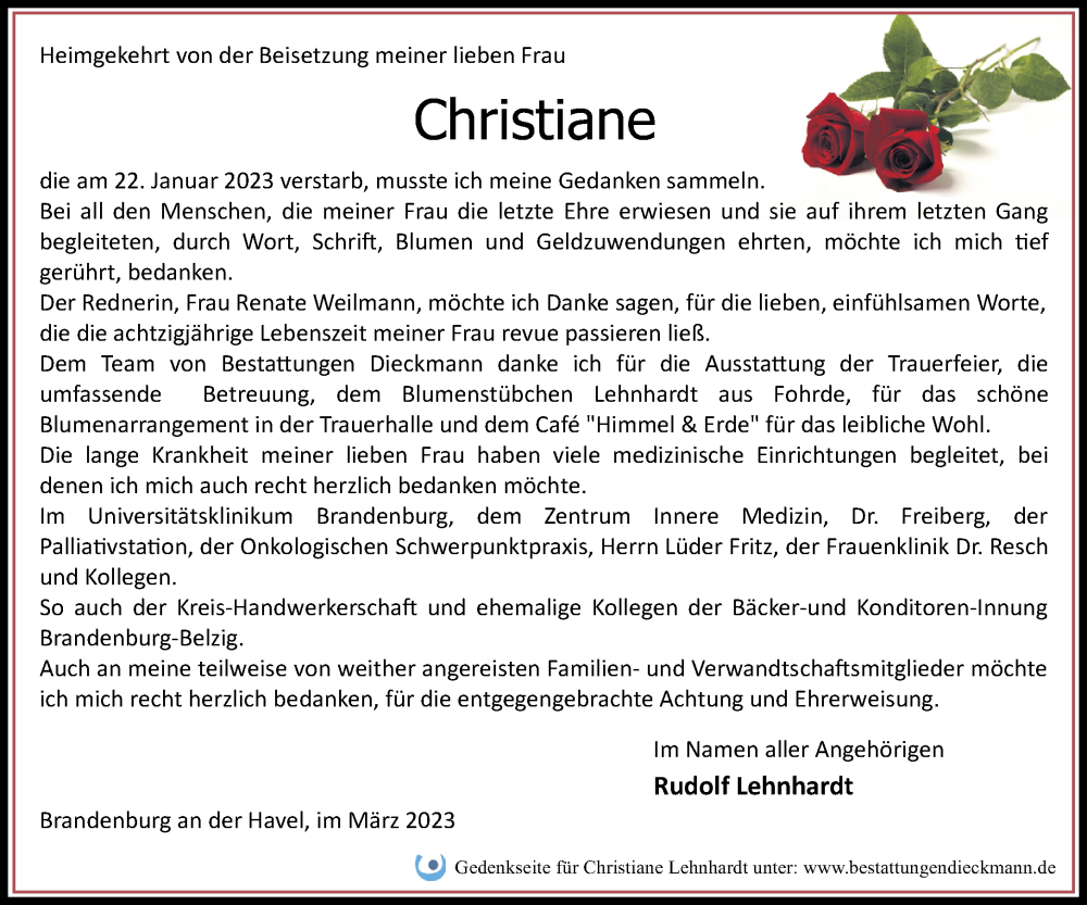  Traueranzeige für Christiane Lehnhardt vom 05.03.2023 aus Märkische Oderzeitung