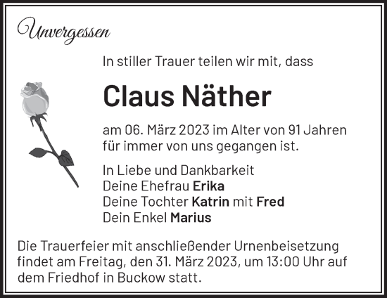 Traueranzeige von Claus Näther von Märkische Oderzeitung