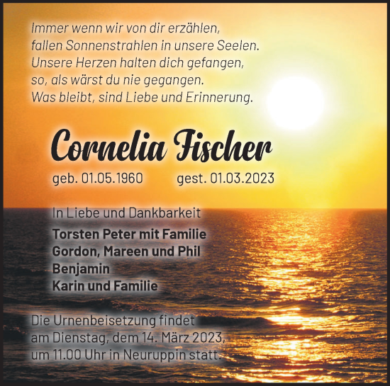 Traueranzeige von Cornelia Fischer von Märkische Oderzeitung