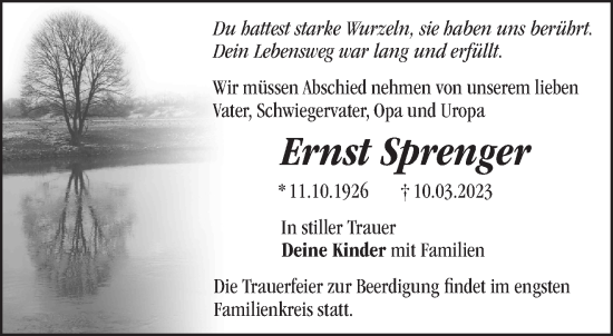 Traueranzeige von Ernst Sprenger von Märkische Oderzeitung