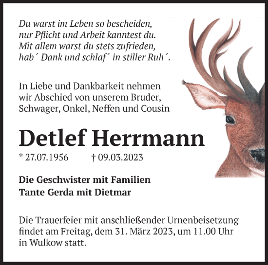 Traueranzeige von Detlef Herrmann von Märkische Oderzeitung