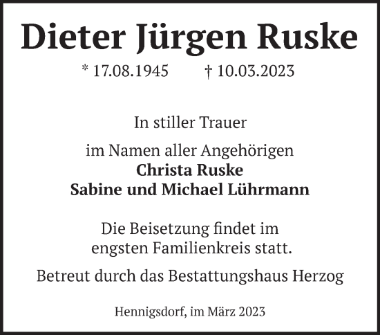 Traueranzeige von Dieter Jürgen Ruske von Märkische Oderzeitung