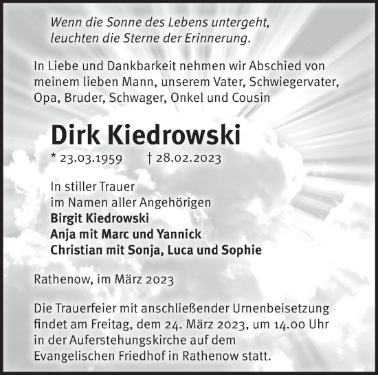 Traueranzeige von Dirk Kiedrowski von Märkische Oderzeitung