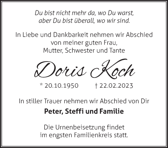 Traueranzeige von Doris Koch von Märkische Oderzeitung