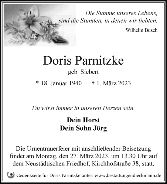 Traueranzeigen von Doris Parnitzke Märkische Onlinezeitung Trauerportal