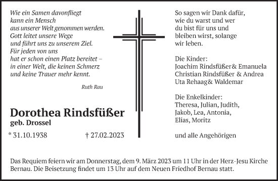 Traueranzeige von Dorothea Rindsfüßer von Märkische Oderzeitung