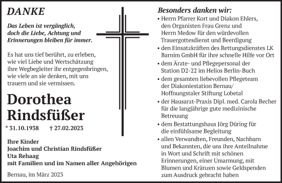 Traueranzeige von Dorothea Rindsfüßer von Märkische Oderzeitung