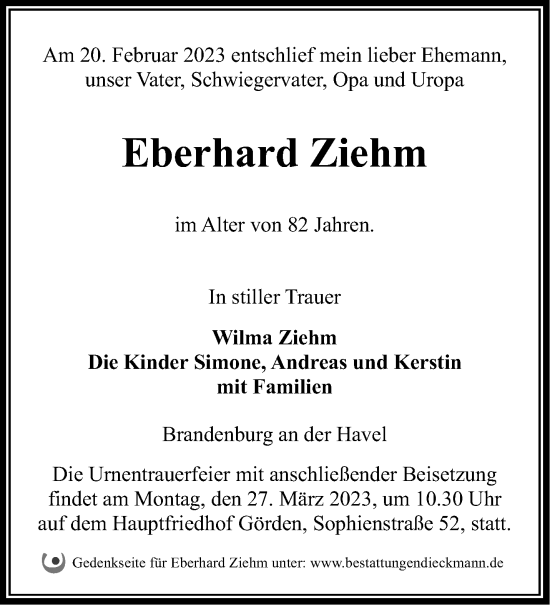 Traueranzeige von Eberhard Ziehm von Märkische Oderzeitung