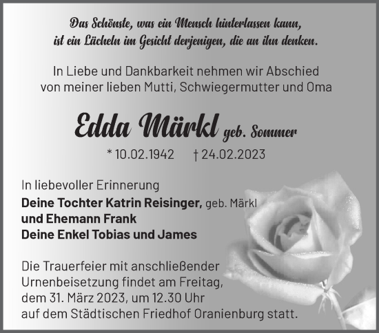 Traueranzeige von Edda Märkl von Märkische Oderzeitung