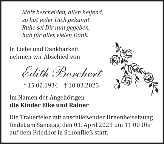 Traueranzeige von Edith Borchert von Märkische Oderzeitung
