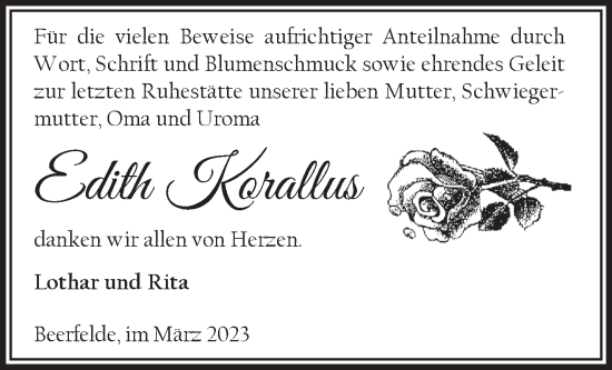 Traueranzeige von Edith Korallus von Märkische Oderzeitung