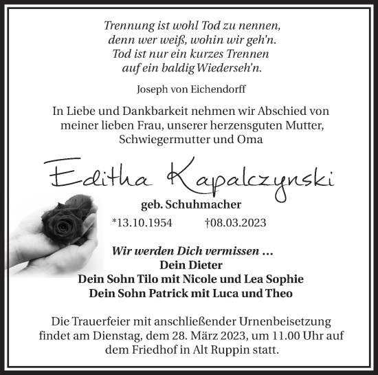 Traueranzeige von Editha Kapalczynski von Märkische Oderzeitung