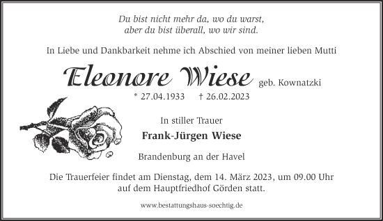 Traueranzeige von Eleonore Wiese von Märkische Oderzeitung