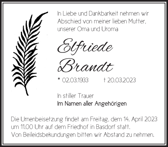 Anzeige Elfriede Brandt