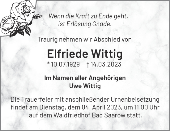 Traueranzeige von Elfriede Wittig von Märkische Oderzeitung