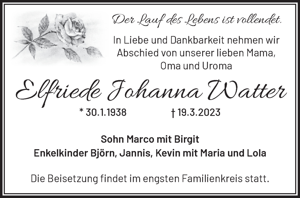  Traueranzeige für Elfriede Johanna Watter vom 23.03.2023 aus Märkische Oderzeitung