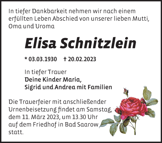 Traueranzeige von Elisa Schnitzlein von Märkische Oderzeitung