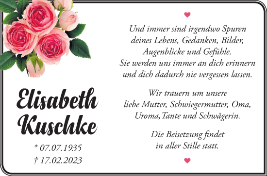 Traueranzeige von Elisabeth Kuschke von Märkische Oderzeitung