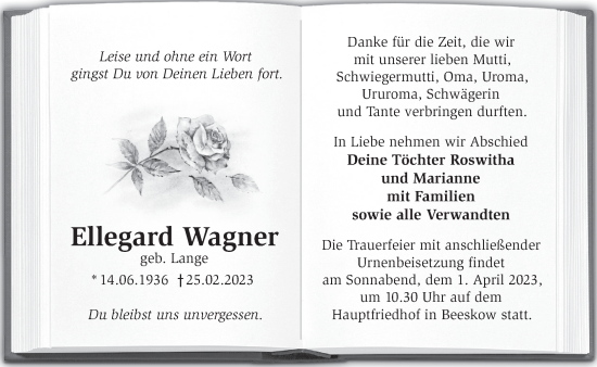 Traueranzeige von Ellegard Wagner von Märkische Oderzeitung