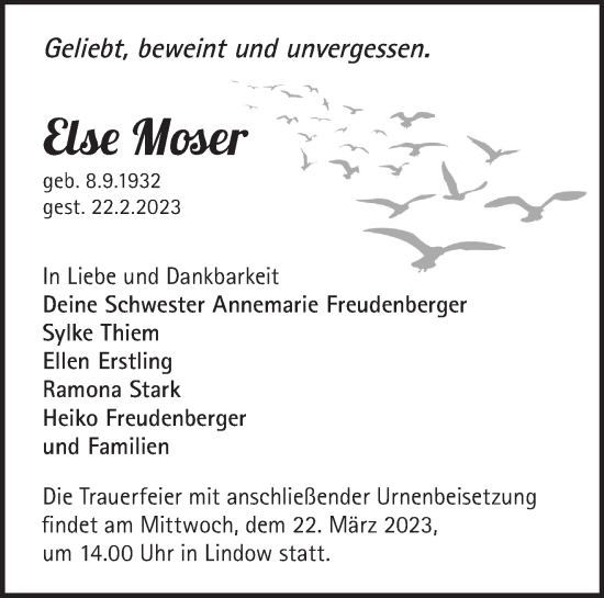 Traueranzeige von Else Moser von Märkische Oderzeitung