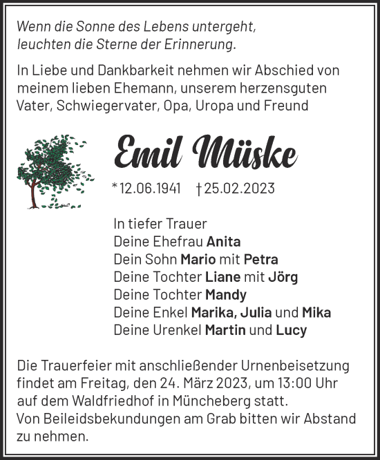 Traueranzeige von Emil Müske von Märkische Oderzeitung