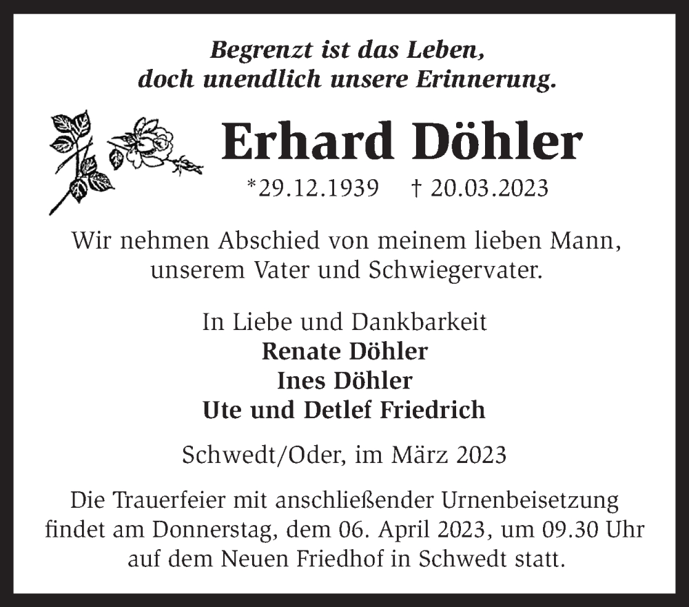  Traueranzeige für Erhard Döhler vom 25.03.2023 aus Märkische Oderzeitung