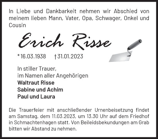 Traueranzeige von Erich Risse von Märkische Oderzeitung