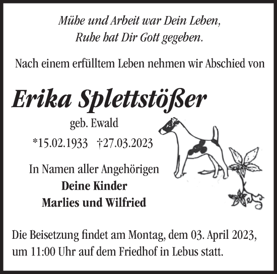 Traueranzeige von Erika Splettstößer von Märkische Oderzeitung